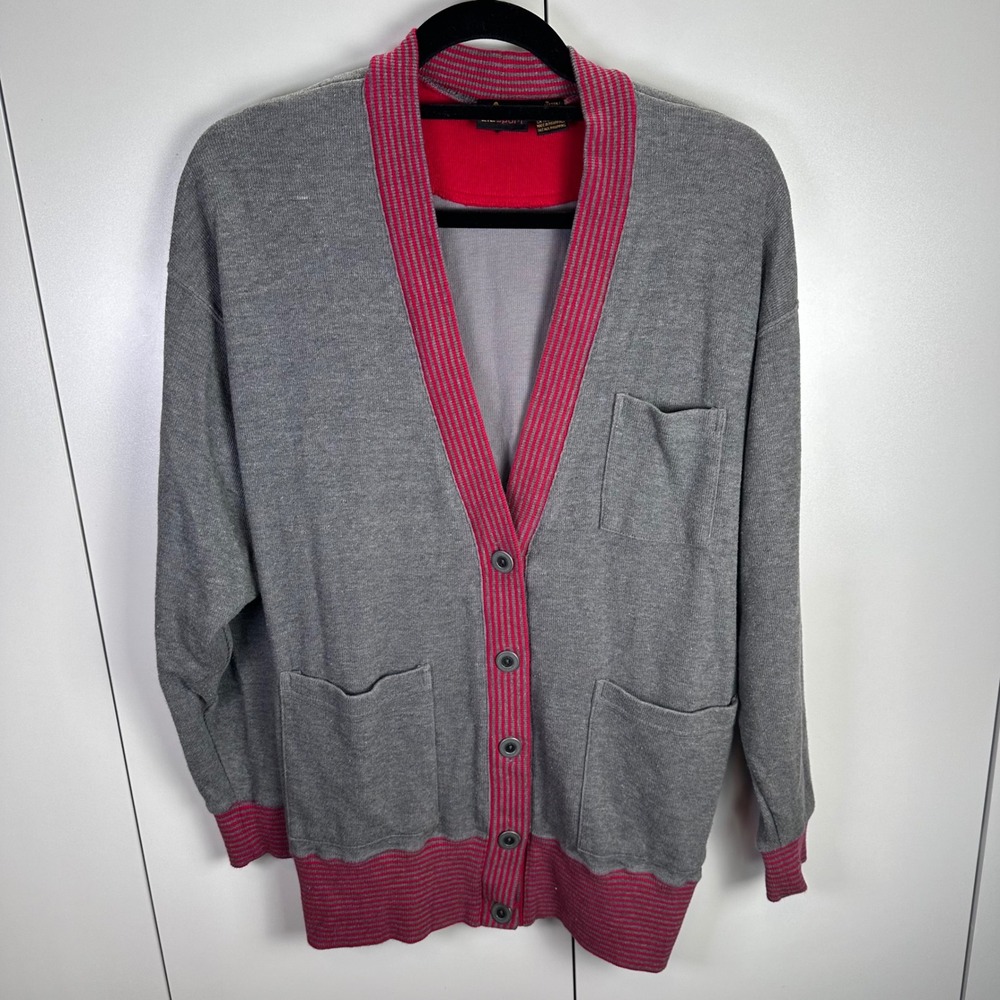 VTG Lizsport Cardigan Sweater Gray Red Stripe Cotton Button Front Pockets Preppy